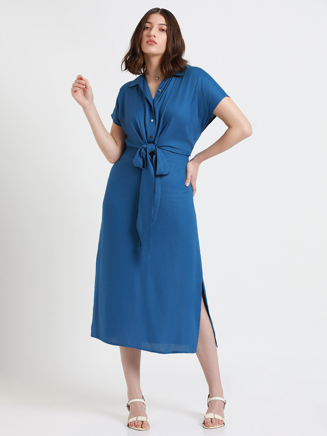 DL Woman Shirt Collar Regular Fit Solid Blue Dress