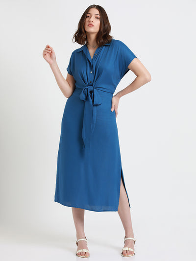 DL Woman Blue Shirt Collar Short Sleeves Belted Shirt Midi Dress