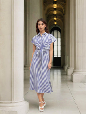 DL Woman Shirt Collar Regular Fit Striped Blue Tie-Up Midi Dress