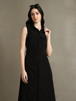DL Woman Black Solid Shirt Collar Sleeveless Dress