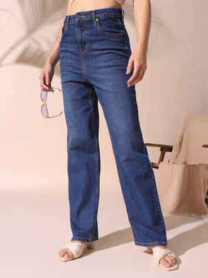 DL Woman Indigo Solid Relaxed Fit High Rise Jeans