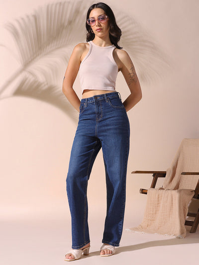 DL Woman Indigo Solid Relaxed Fit High Rise Jeans