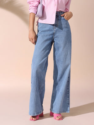 DL Woman Indigo Solid Relaxed Fit Wide Leg High Rise Jeans