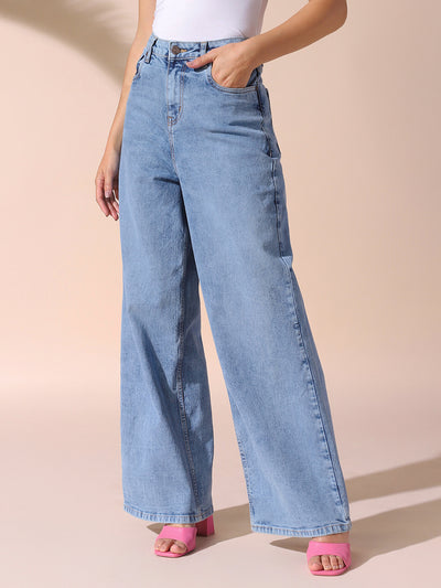 DL Woman Indigo Solid Relaxed Fit Wide Leg High Rise Jeans