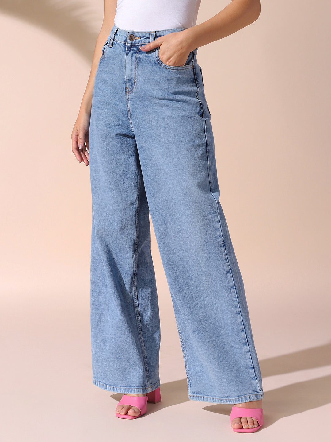 DL Woman Indigo Solid Relaxed Fit Wide Leg High Rise Jeans