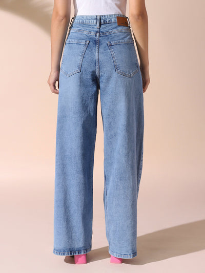 DL Woman Indigo Solid Relaxed Fit Wide Leg High Rise Jeans