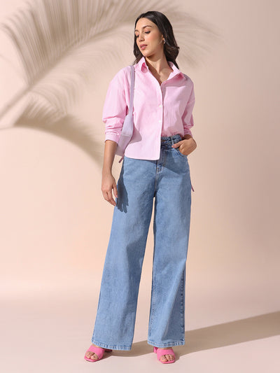 DL Woman Indigo Solid Relaxed Fit Wide Leg High Rise Jeans