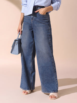 Women Indigo Solid Relaxed Fit Wide Leg High Rise Jeans