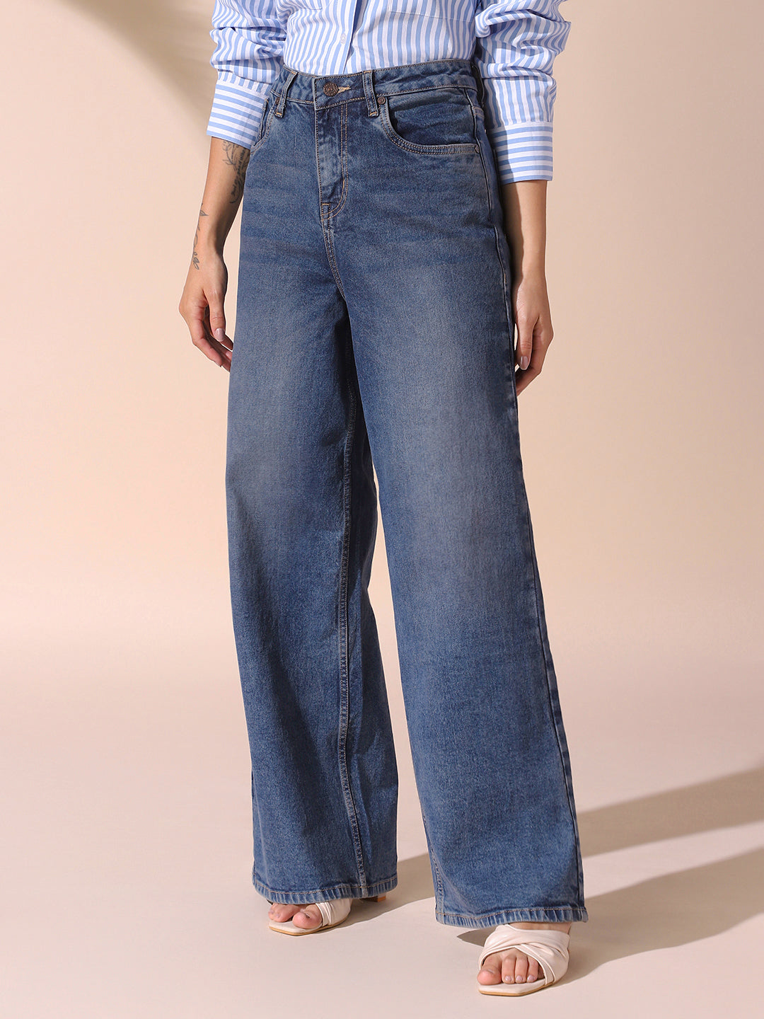 Women Indigo Solid Relaxed Fit Wide Leg High Rise Jeans