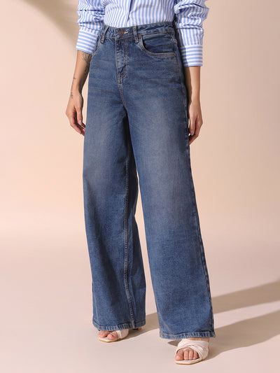 DL Woman Indigo Solid Relaxed Fit Wide Leg High Rise Jeans