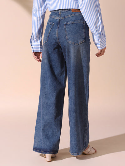 DL Woman Indigo Solid Relaxed Fit Wide Leg High Rise Jeans