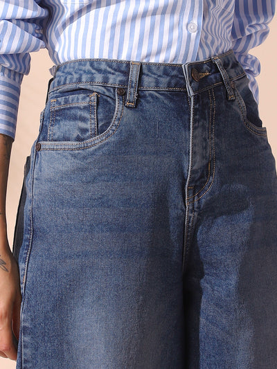 DL Woman Indigo Solid Relaxed Fit Wide Leg High Rise Jeans