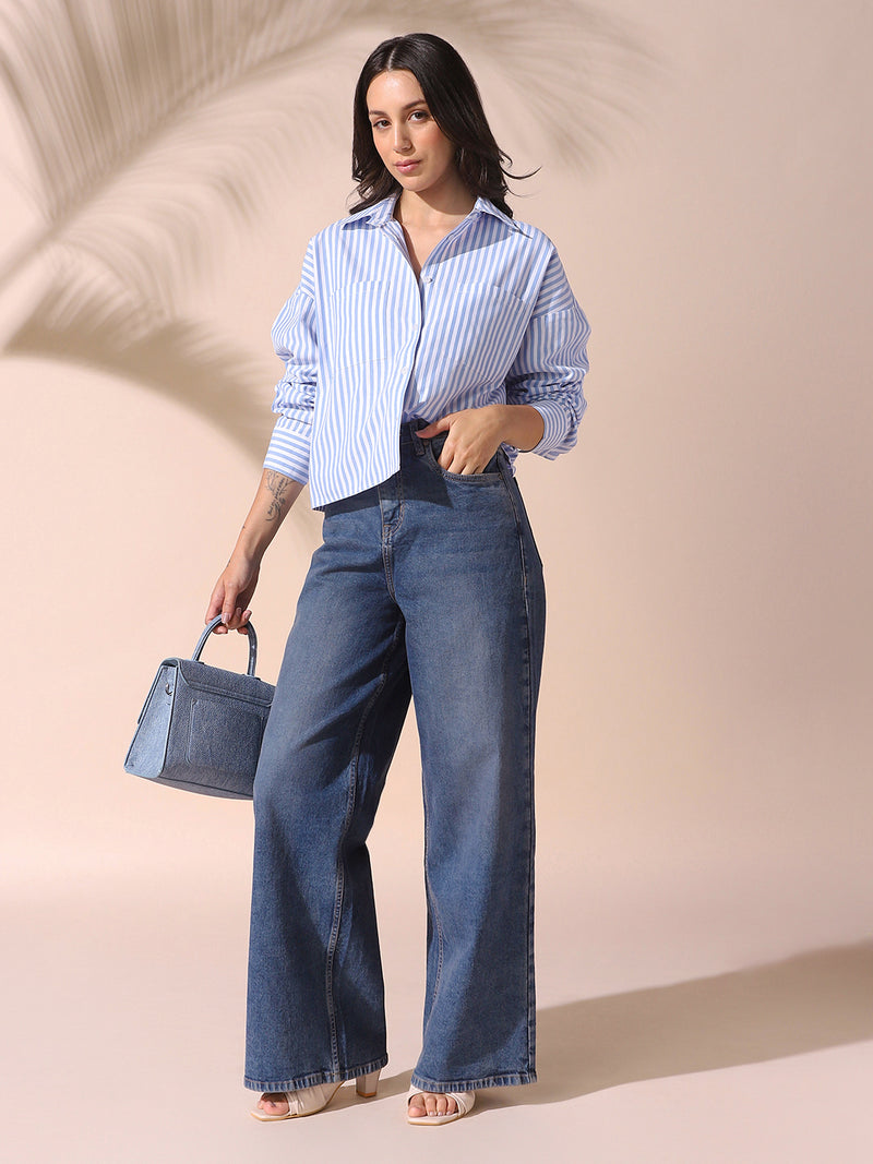 DL Woman Indigo Solid Relaxed Fit Wide Leg High Rise Jeans