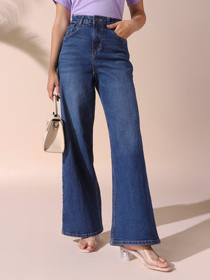 DL Woman Indigo Solid Relaxed Fit Wide Leg High Rise Jeans