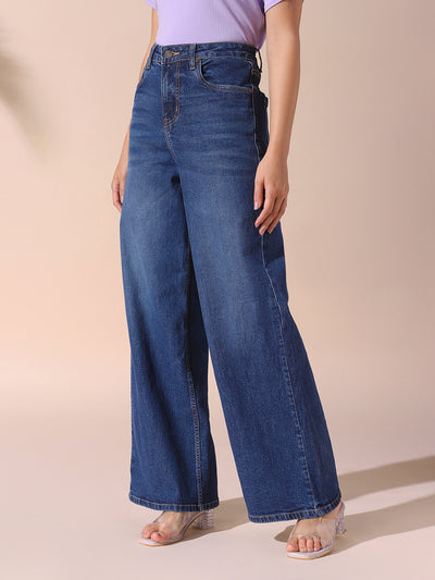 DL Woman Indigo Solid Relaxed Fit Wide Leg High Rise Jeans