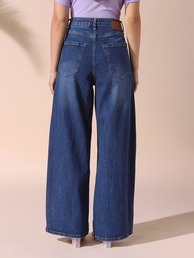 DL Woman Indigo Solid Relaxed Fit Wide Leg High Rise Jeans