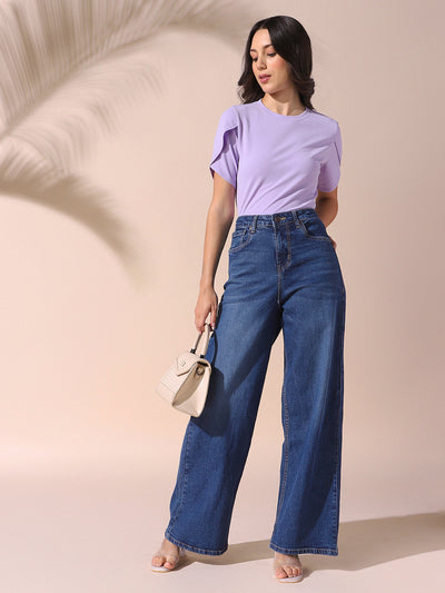 DL Woman Indigo Solid Relaxed Fit Wide Leg High Rise Jeans