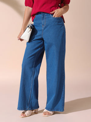 DL Woman Indigo Solid Relaxed Fit Wide Leg High Rise Jeans