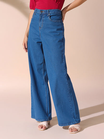 DL Woman Indigo Solid Relaxed Fit Wide Leg High Rise Jeans