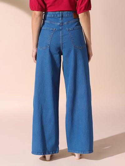 DL Woman Indigo Solid Relaxed Fit Wide Leg High Rise Jeans