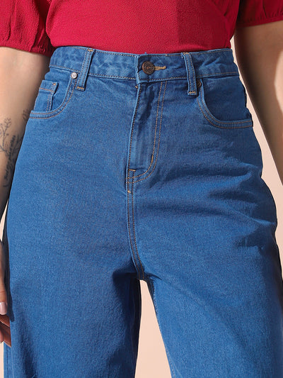 DL Woman Indigo Solid Relaxed Fit Wide Leg High Rise Jeans