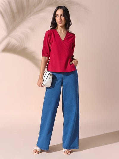 DL Woman Indigo Solid Relaxed Fit Wide Leg High Rise Jeans