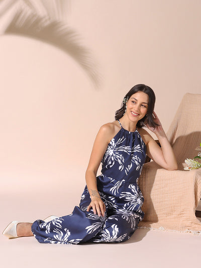 DL Woman Blue Halter Neck Floral Printed Jumpsuit