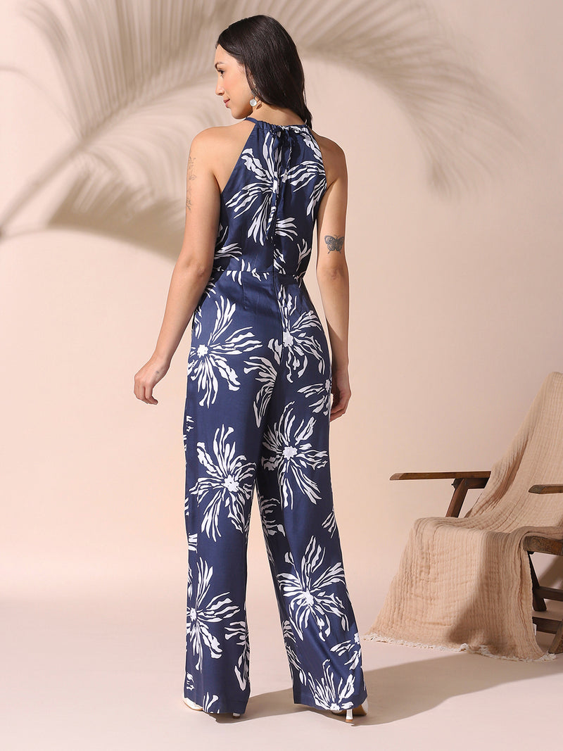 DL Woman Blue Halter Neck Floral Printed Jumpsuit