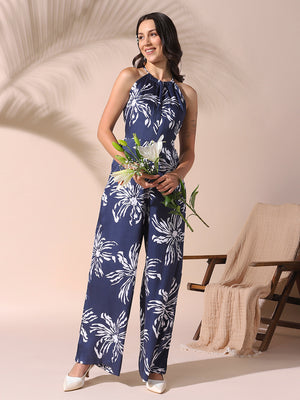 DL Woman Blue Halter Neck Floral Printed Jumpsuit