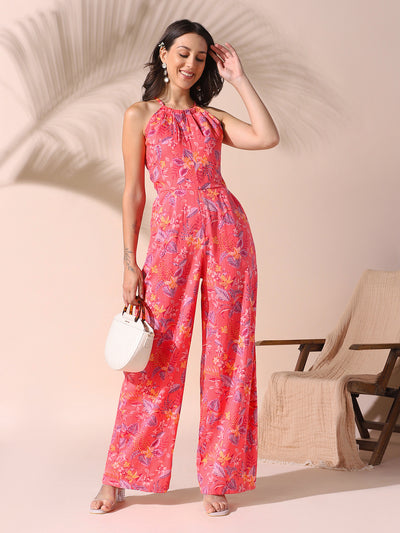 DL Woman Coral Halter Neck Floral Printed Jumpsuit