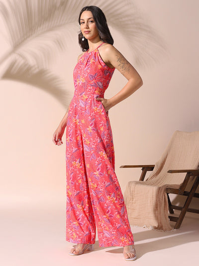 DL Woman Coral Halter Neck Floral Printed Jumpsuit