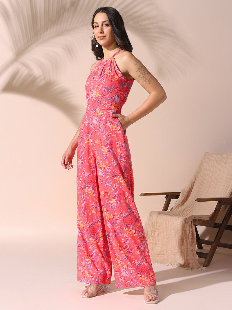 DL Woman Coral Halter Neck Floral Printed Jumpsuit