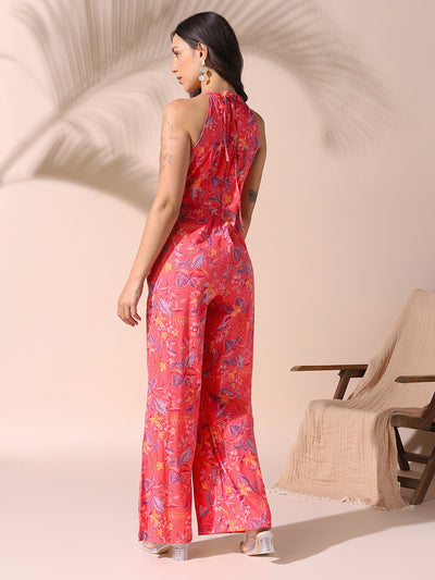 DL Woman Coral Halter Neck Floral Printed Jumpsuit