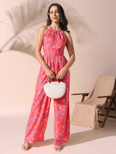 DL Woman Coral Halter Neck Floral Printed Jumpsuit