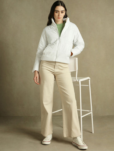 DL Woman White Solid Mock Collar Full sleeves Puffer Jacket
