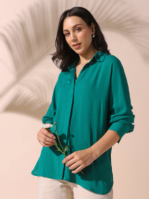 DL Woman Green Solid Spread Collar Full Sleeves Oversized Shirt