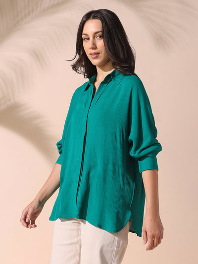 DL Woman Green Solid Spread Collar Full Sleeves Oversized Shirt
