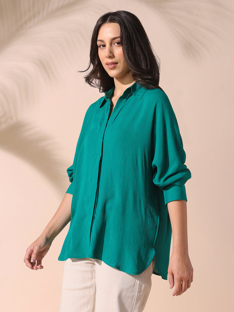 DL Woman Green Solid Spread Collar Full Sleeves Oversized Shirt