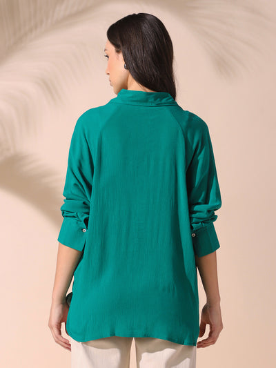 DL Woman Green Solid Spread Collar Full Sleeves Oversized Shirt