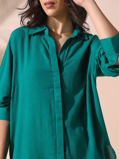 DL Woman Green Solid Spread Collar Full Sleeves Oversized Shirt