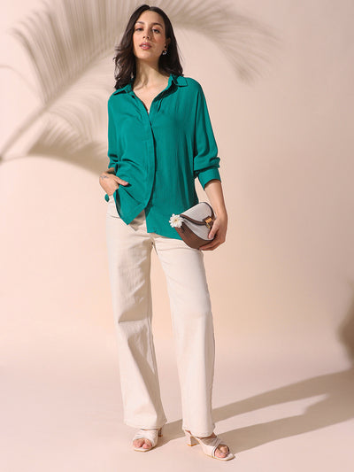 DL Woman Green Solid Spread Collar Full Sleeves Oversized Shirt