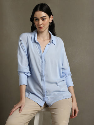 Women Light Blue Solid Spread Collar Full Sleeves Oversized Shirt