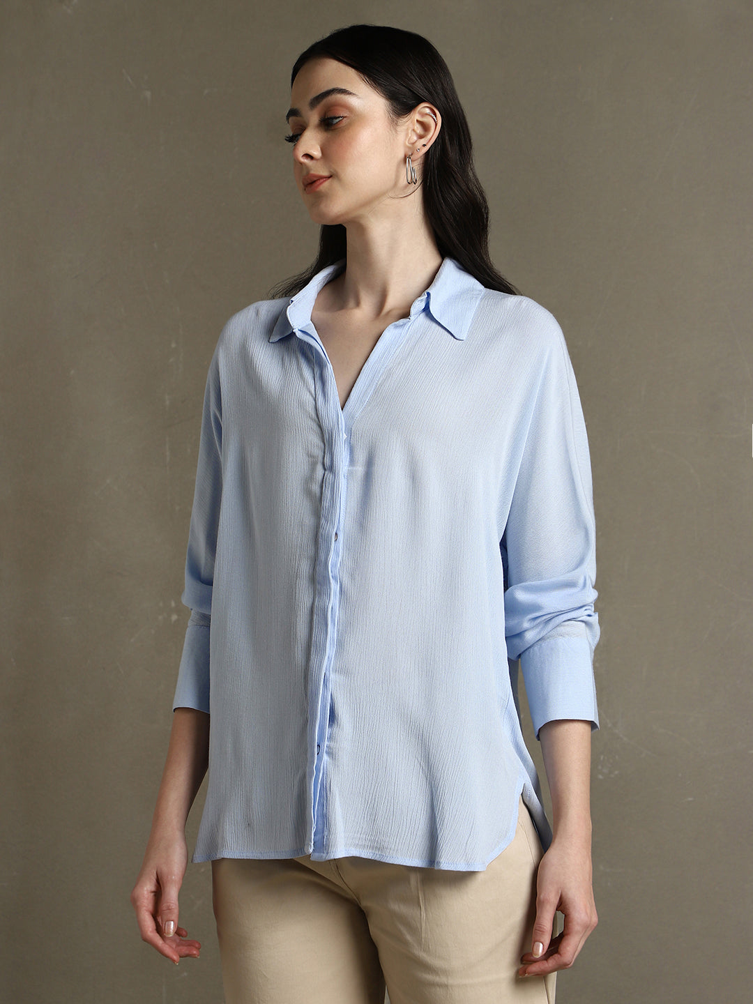 Women Light Blue Solid Spread Collar Full Sleeves Oversized Shirt