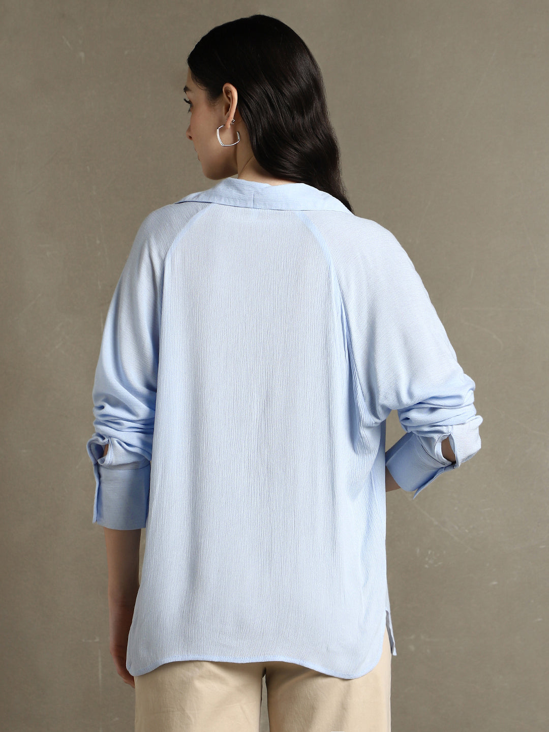 Women Light Blue Solid Spread Collar Full Sleeves Oversized Shirt