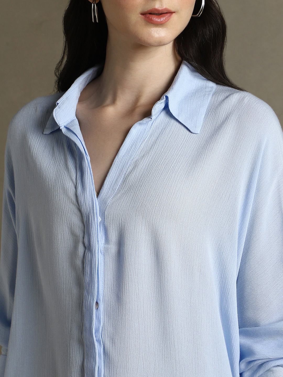 Women Light Blue Solid Spread Collar Full Sleeves Oversized Shirt