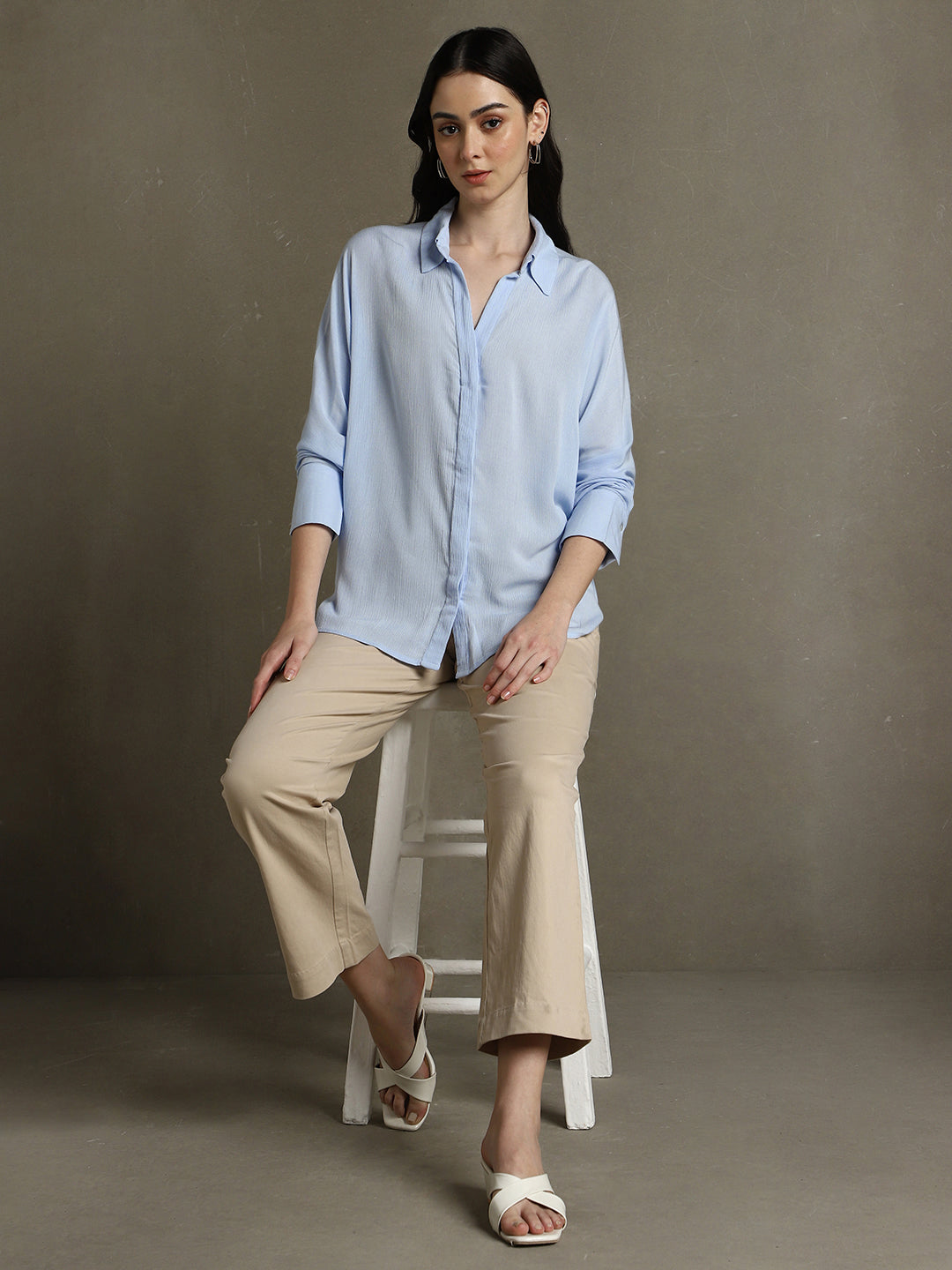 Women Light Blue Solid Spread Collar Full Sleeves Oversized Shirt