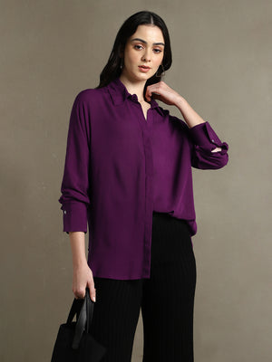 Women Purple Solid Spread Collar Full Sleeves Oversized Shirt