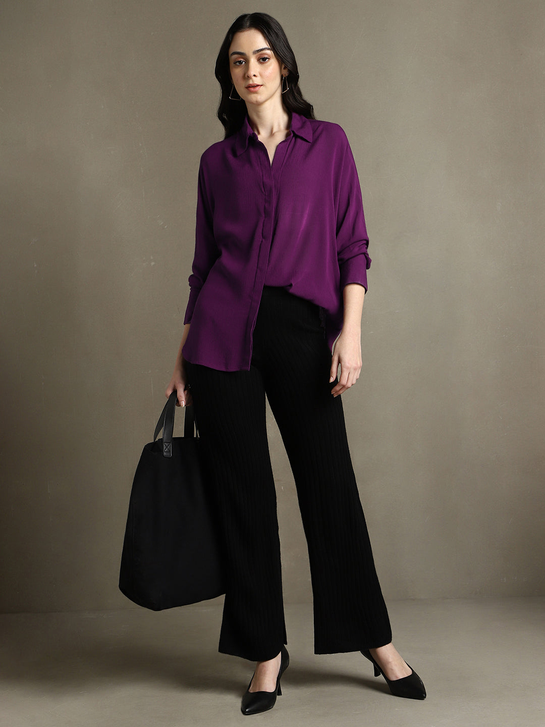 Women Purple Solid Spread Collar Full Sleeves Oversized Shirt