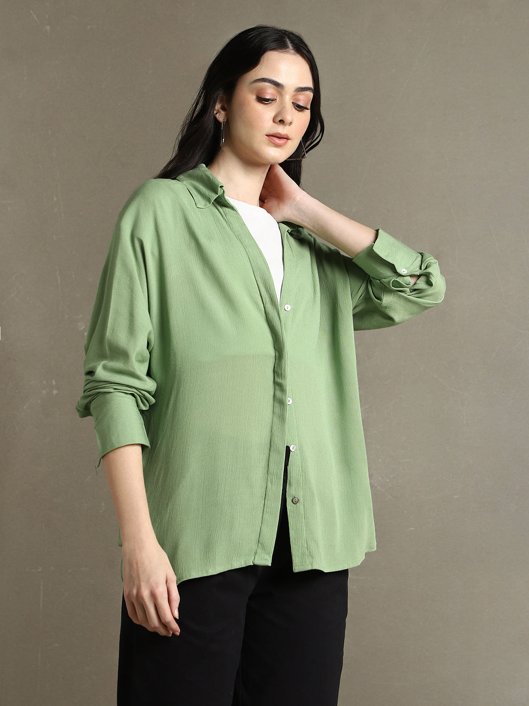 Women Sage Green Solid Spread Collar Full Sleeves Oversized Shirt