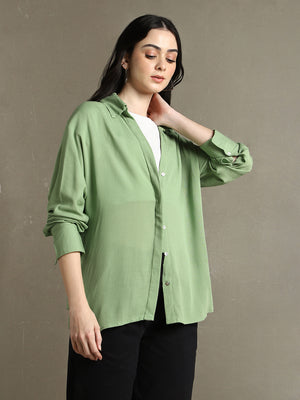 Women Sage Green Solid Spread Collar Full Sleeves Oversized Shirt